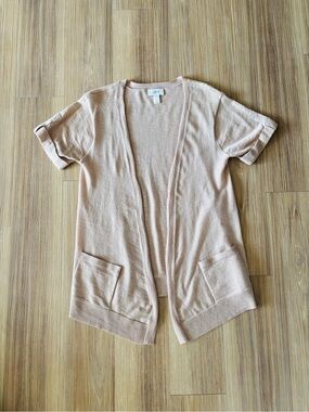 VTG LOFT Cardigan Sweater Tan Wool Open Short Sleeve Pockets Womens S Preppy Y2K
